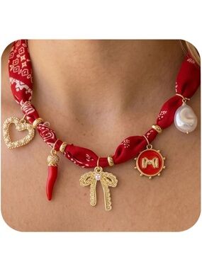 Anthropologie Red Paisley Bandana Silk Charm Choker with Gold Accents